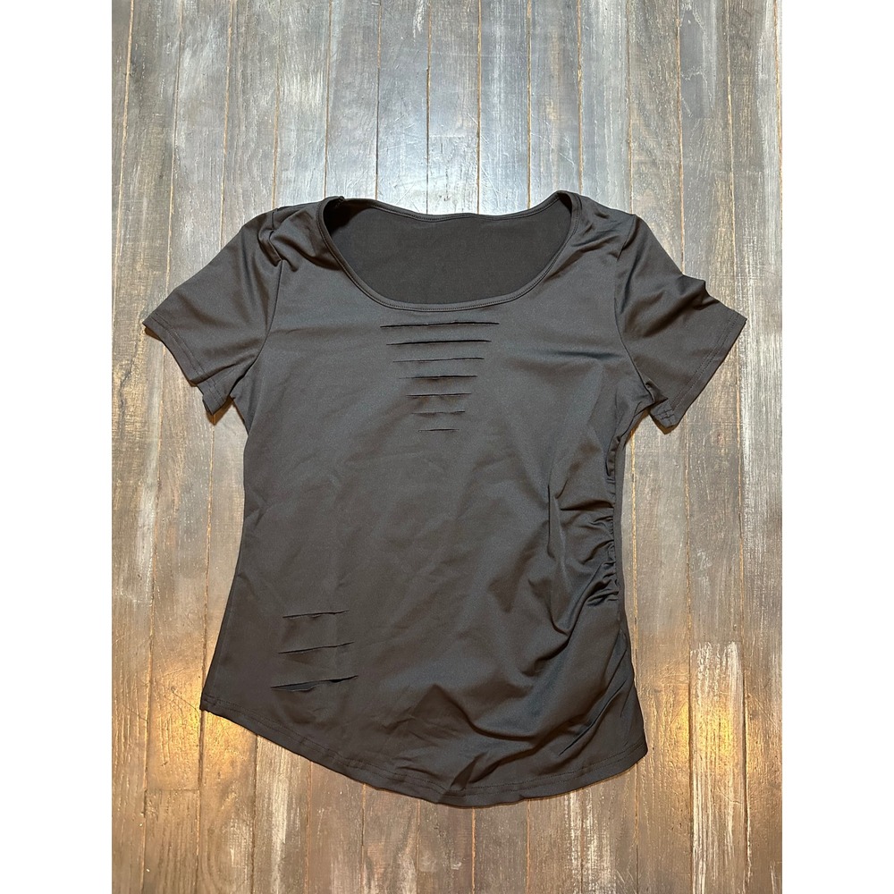 Black Distressed Laser Cut Out Ruched Side Short Sleeve Scoop‎ Neck Top Womens